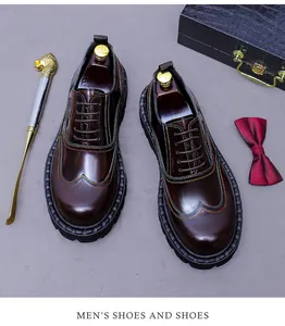 Detailed shot of dark brown leather oxford shoes with colorful brogue stitching and thick soles