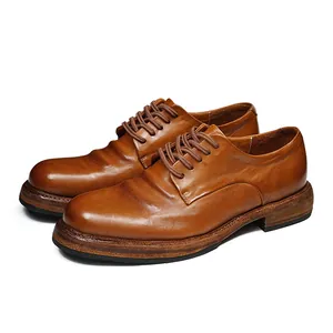 Chaussures derby vintage en cuir marron pour hommes avec semelle épaisse Goodyear