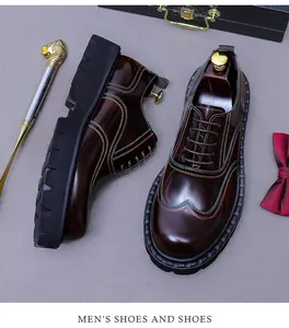 Detail of dark brown leather oxford shoe featuring vibrant multi-color contrast stitching