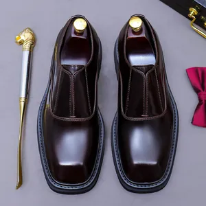 Herren Echtes Rindsleder Business Formelle Schuhe Glänzende Lackoptik Quadratische Zehe Slipper Lässig Britischer Stil Gentleman Loafers Für Büro Bankett