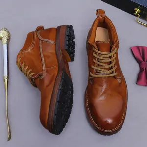 Retro brown leather men's work boots with Goodyear welt stitching and non-slip thick sole