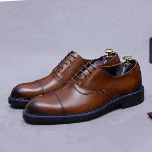 Herren Top-Grain-Rindsleder Oxford-Schuhe Business Formal Cap Toe Brünierte Hochzeitsschuhe Mit Blauen Ziernähten