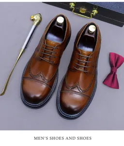 Draufsicht auf braune Brogue-Schuhe aus Leder mit dekorativer Lochung und Schuhspannern