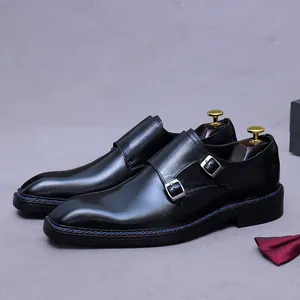 Scarpe Monk Strap Doppia Fibbia da Uomo Vera Pelle Vacchetta Business Ufficio Matrimonio Con Cuciture Blu Stile Britannico Calzature Formali