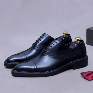 Men Business Formal Cowhide Leather Oxford Shoes Cap Toe Wedding Banquet Dress Shoes With Blue Stitching Detail