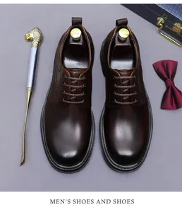 Draufsicht auf braune Leder-Business-Schuhe mit Schuhspannern und Löwenkopf-Schuhlöffel