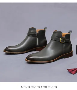 Detail of dark olive leather boot featuring side zipper and golden buckle strap