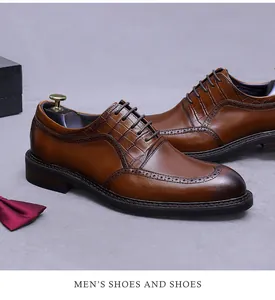 Detail of men's leather brogues featuring brown gradient toe and crocodile texture accent