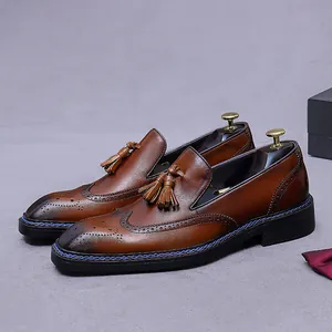 Mocassins à Glands en Cuir Véritable pour Hommes Vintage Brogue Wingtip Chaussures de Ville Formelles Avec Surpiqûres Bleues