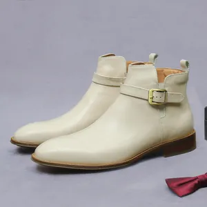 Men Genuine Leather Boots Cowhide Business Dress Shoes Side Zipper Buckle Mid Calf Fashion Formal Commute Boots For Gentleman