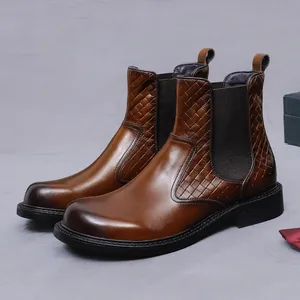 Stivali Chelsea Business da Uomo in Vera Pelle di Vacchetta Punta Tonda Intrecciati Casual Inglesi Invernali