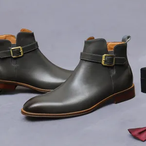 Men's premium leather business boots in dark grey with buckle strap and wood-textured sole