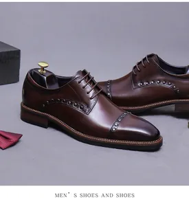 Macro detail of dark brown leather oxford shoes with stylish studs and wooden sole texture