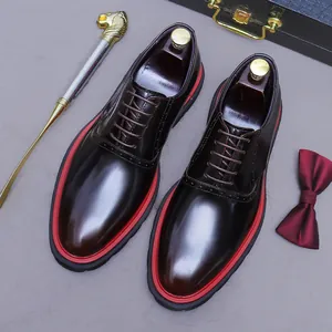 Deep burgundy polished leather oxford shoes with red welt and thick rubber sole