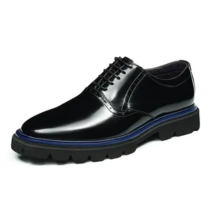 Glossy black leather Oxford shoes for men with thick lug soles and blue stitching details