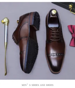 Detail of brown leather Derby shoes with rivet studs and lace-up design for men