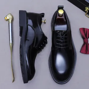 Scarpe Derby da Uomo in Pelle di Vacchetta Primo Strato Stile Britannico Finitura Lucida Business Matrimonio Scarpe Suola in Gomma