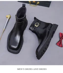 Botas de cuero negro para hombre con cremallera lateral, hebilla metálica y punta cuadrada
