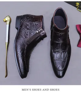 Detail view of crocodile-patterned leather texture and side zipper on men's business boots