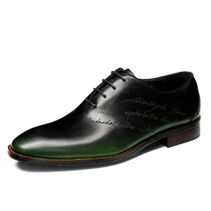 Zapatos Oxford de cuero genuino degradado verde para hombre con grabado láser único
