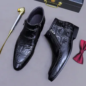 Formal black crocodile embossed leather boots with side zipper for elegant business men
