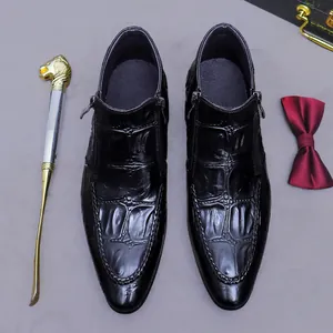 Men's black embossed leather business boots with double zippers and pointed toe design