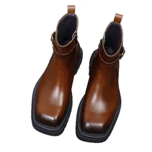 Bruine gradiënt lederen heren Chelsea boots met gesp en rits aan de zijkant