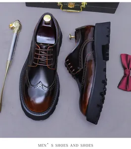 Détail macro de chaussure brogue en cuir avec chausse-pied en métal et embauchoir en bois