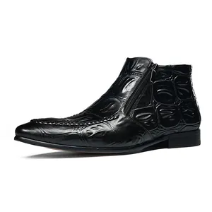 Men's black embossed leather business boots with pointed toe and side zipper closure