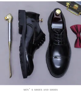 Polished black leather brogue shoes with classic wingtip details and anti-slip thick sole