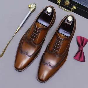 Chaussures Oxford Brogue en Cuir Véritable pour Hommes Classiques Wingtip Sculptées Chaussures de Soirée Business Marron Noir Mariage