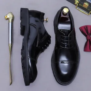 Men Genuine Leather Derby Shoes British Brogue Carved Business Formal Cowhide Lace Up Shoes Wedding Dress Oxfords