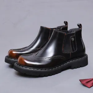 Stivaletti Chelsea Brogue da Uomo in Vera Pelle Stile Britannico Wingtip Scarpe Formali Business Marrone Nero