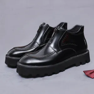 Men's Top Layer Cowhide Leather Boots Front Zipper Brogue Carving Platform Height Increasing Business Casual Shoes