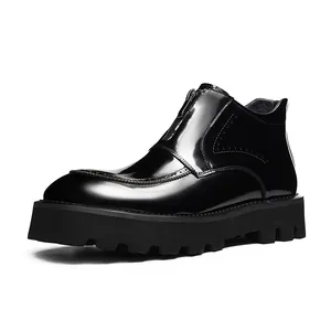 Glossy black patent leather men's boots with front zipper and platform rubber sole