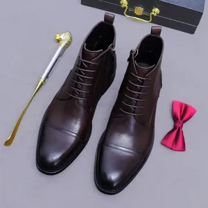 Bottes business en cuir marron foncé pour homme avec lacets et fermeture éclair latérale