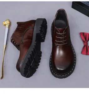 Detail of dark brown leather shoe featuring crocodile texture and non-slip thick sole