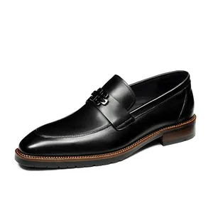 Classic black leather loafers for men with decorative metal buckle and contrast sole