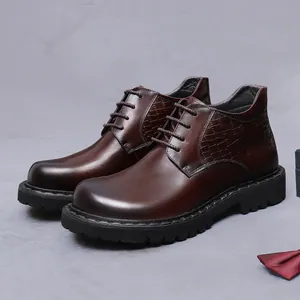 Men's First Layer Cowhide Leather Martin Boots British Business Casual Height Increasing Shoes Crocodile Embossed Formal Dress Boots Non-Slip Rubber Sole