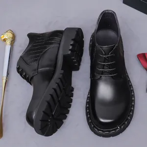 Men's black leather elevator boots with crocodile texture and thick non-slip rubber soles