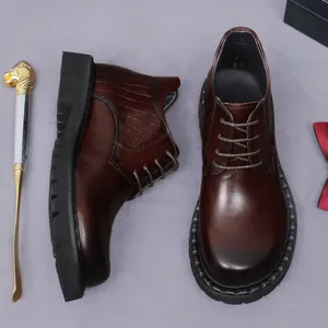 Men's dark brown leather elevator boots with crocodile texture and thick rubber soles