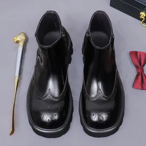 Men's premium black patent leather brogue Chelsea boots with chunky soles and side zippers