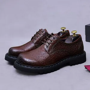 Chaussures Derby Business Décontractées Style Britannique pour Hommes en Cuir de Vachette Véritable Semelle Épaisse Respirante à Lacets
