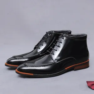 Bottines Formelles Homme Style Britannique en Cuir de Vachette Première Couche Verni Chaussures Business Fermeture Éclair et Lacets