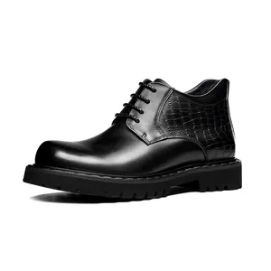 Men's black leather business boots with crocodile pattern and thick anti-slip sole