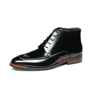 Bottines habillées pour hommes en cuir noir brillant avec bout pointu et fermeture éclair