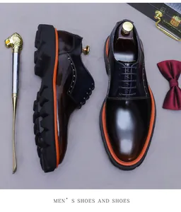 Detail view of brown gradient leather oxfords with orange trim and thick lug soles
