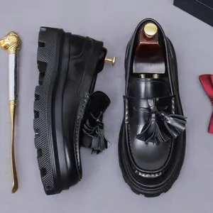 Mens black thick sole genuine leather loafers with classic tassel and polished finish
