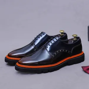 Men's First Layer Cowhide Derby Shoes British Style Gradient Rubbed Brown Rivet Thick Sole Height Increasing Formal Shoes