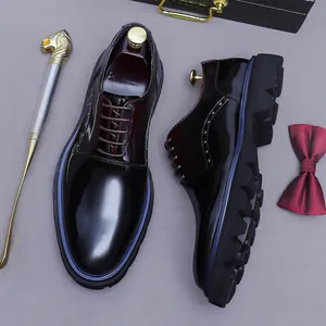 Polished burgundy genuine leather oxfords with thick platform soles and lace-up closure